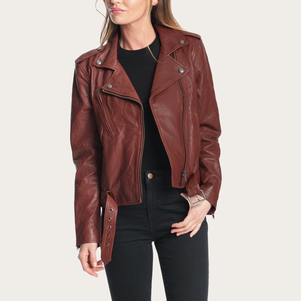 Frye Carly Leather Moto Jacket, Rosso (Wine) - Picture 5 of 6